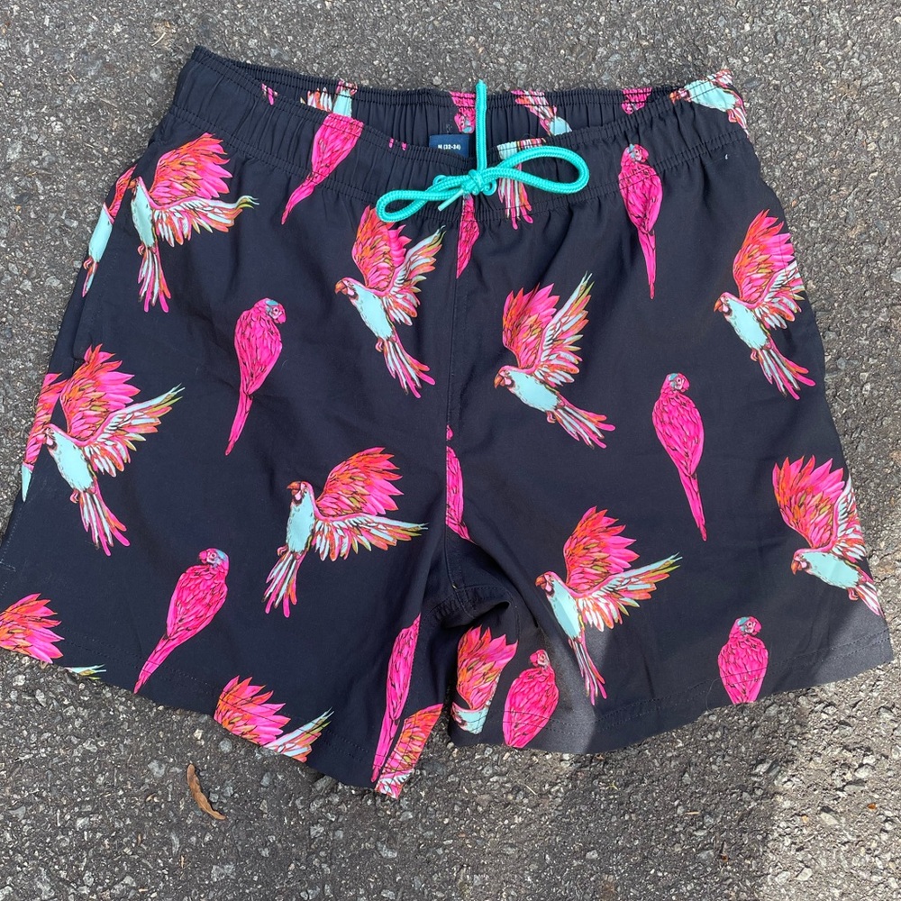 🦜 Colorful Parrot Print George Swim Trunks Shorts  lined ! Men’s size M 32-34 6”